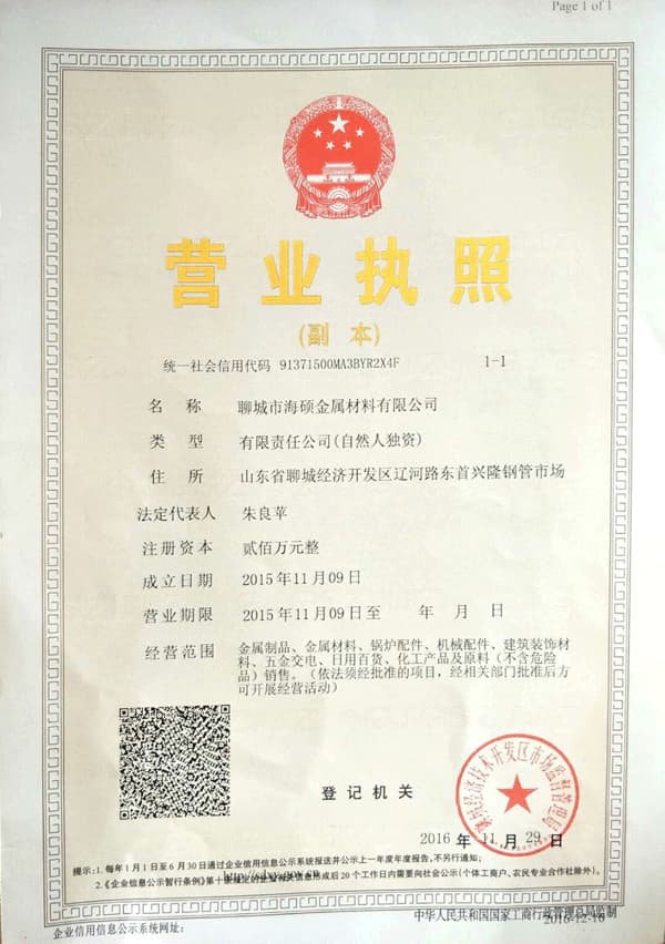 聊城市海硕金属材料营业执照